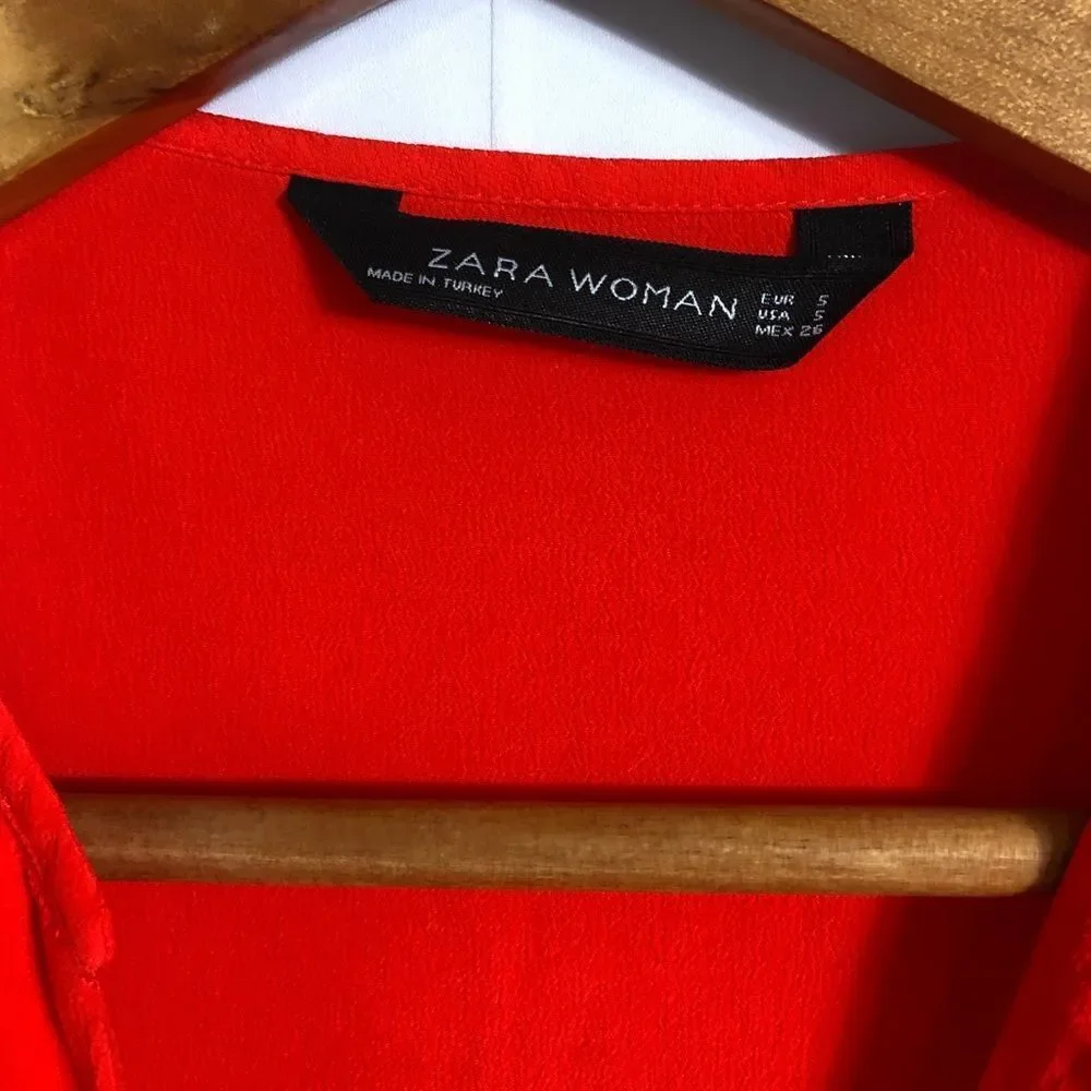 ZARA Red Orange 3/4 Sleeve V-neck Work Dressy Draped Blouse